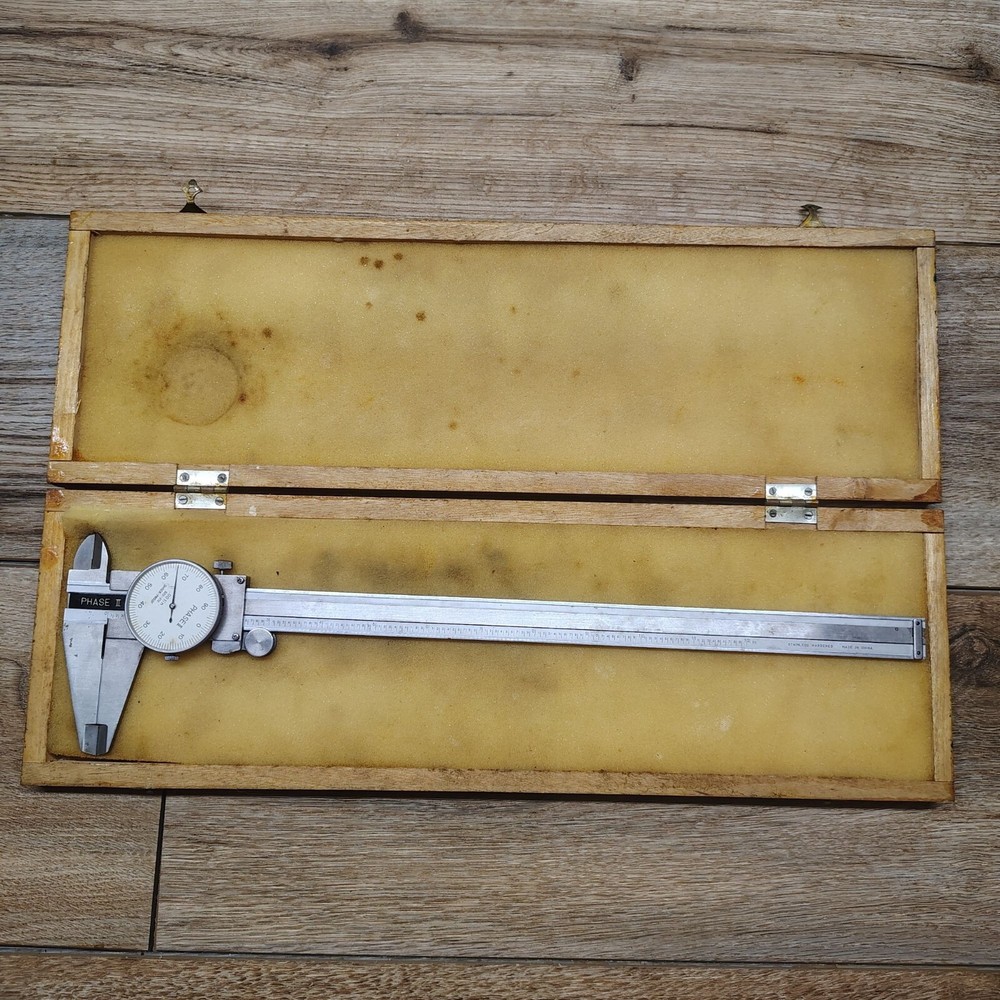 Phase II 920-212 Dial Caliper Stainless Shockproof with Wood Case