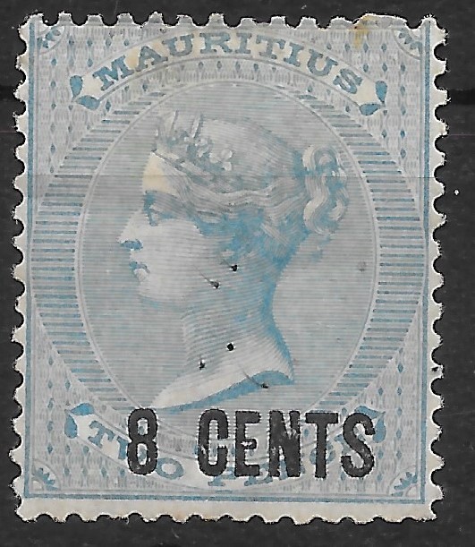 MAURITIUS SG85 1878 8c ON 2d BLUE MTD MINT