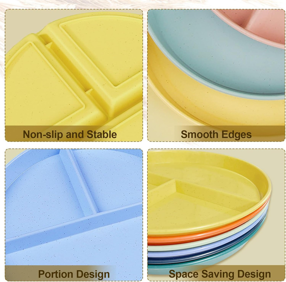 Divided Plates for Adults (8 Packs) Unbreakable Portion Control Plate Sectioned