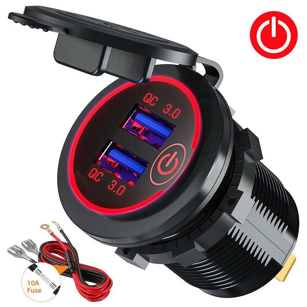 12V Car Cigarette Lighter Socket Dual QC 3.0 USB Port Charger Power Outlet LED