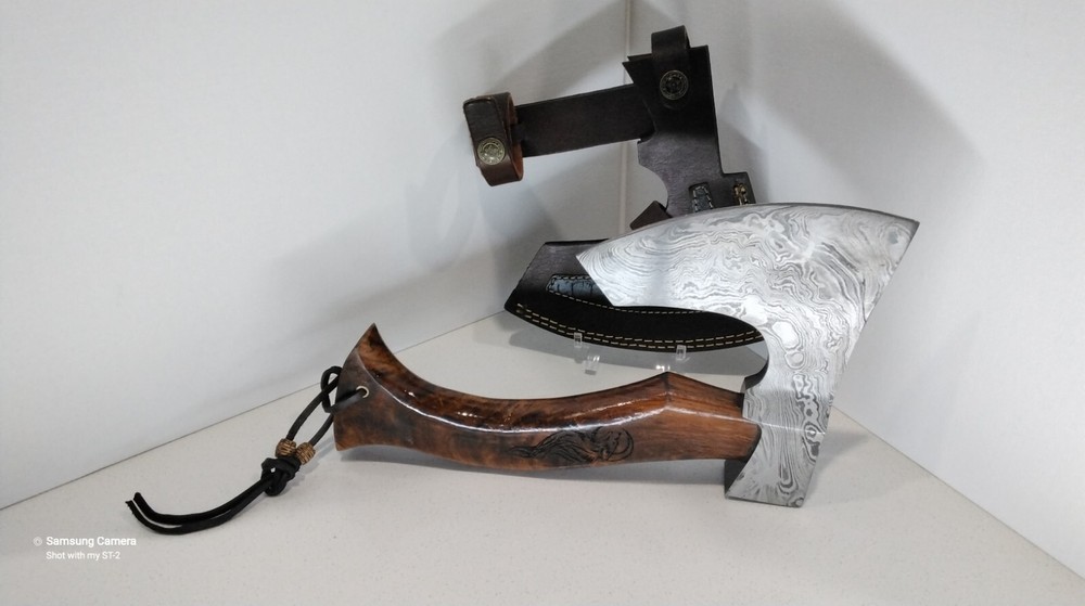 Damascus Hand Axe Hatchet Tomahawk Survival Walnut Wood Handle Leather Sheath