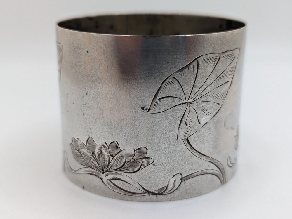 Antique German 800 Silver Napkin Ring "FP" initials, beautiful lily etching