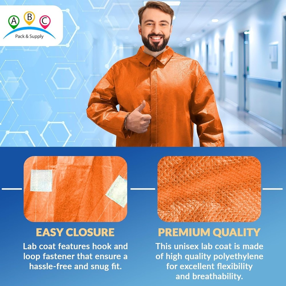 Orange Disposable Lab Coats, 3XL, 10 Pack, Polyethylene, No Pockets