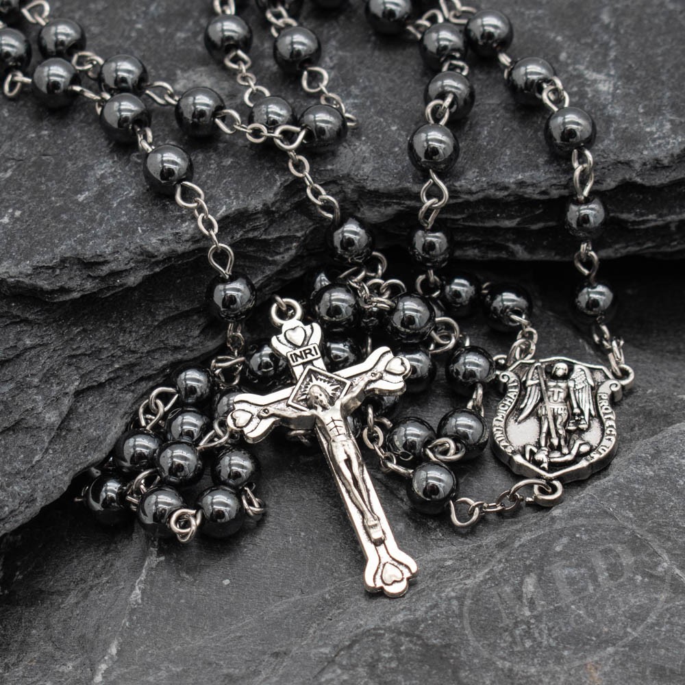 Saint St Michael Hematite Rosary Necklace – 6mm Beads – 19" Long Wearable