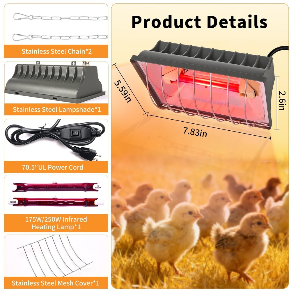 Chicken Coop Heating Lamp, 250W Brooder Heater with Guard,Waterproof Ceramic ...