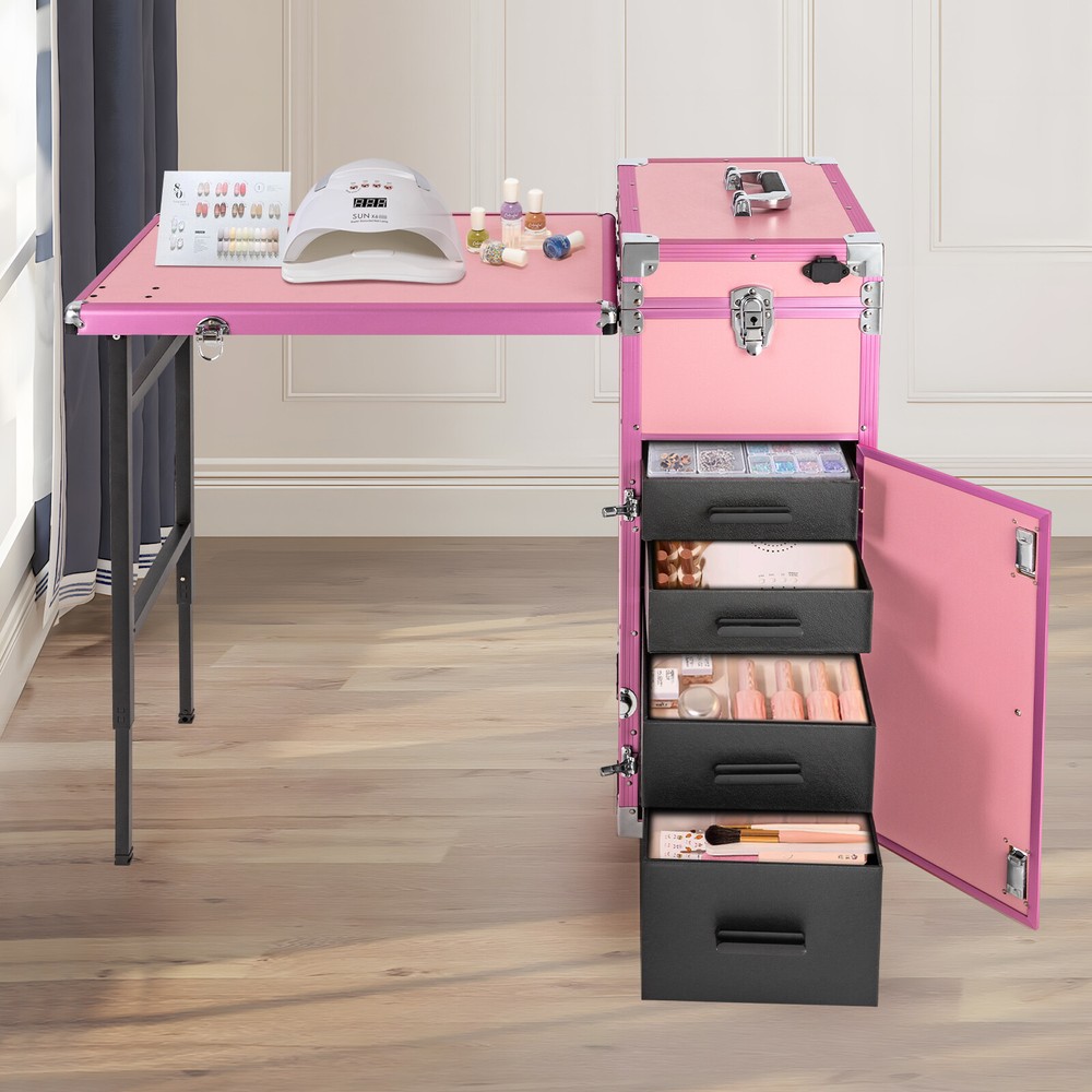 Nail Desk Mobile Station Rolling Makeup Train Case Manicure Table with Speaker