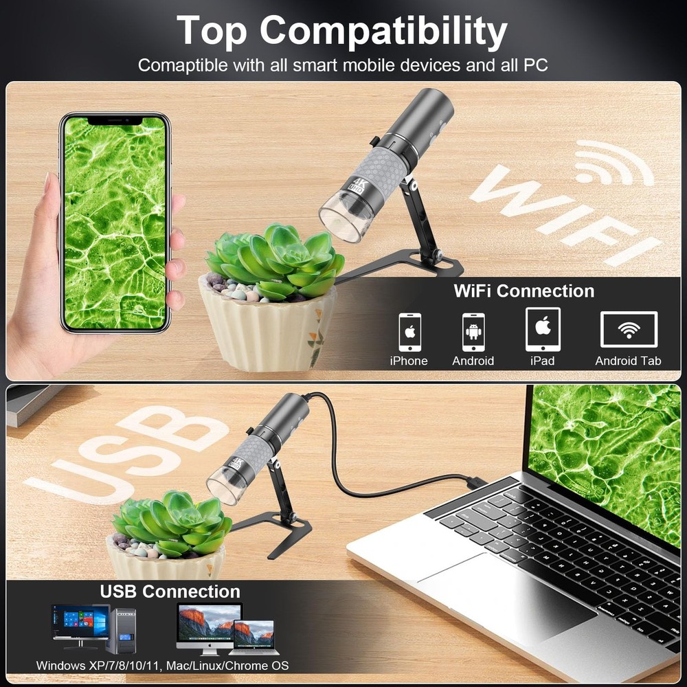 4K WiFi Microscope, Upgraded Stand for iPhone Android PC, 50-1000X USB Digita...