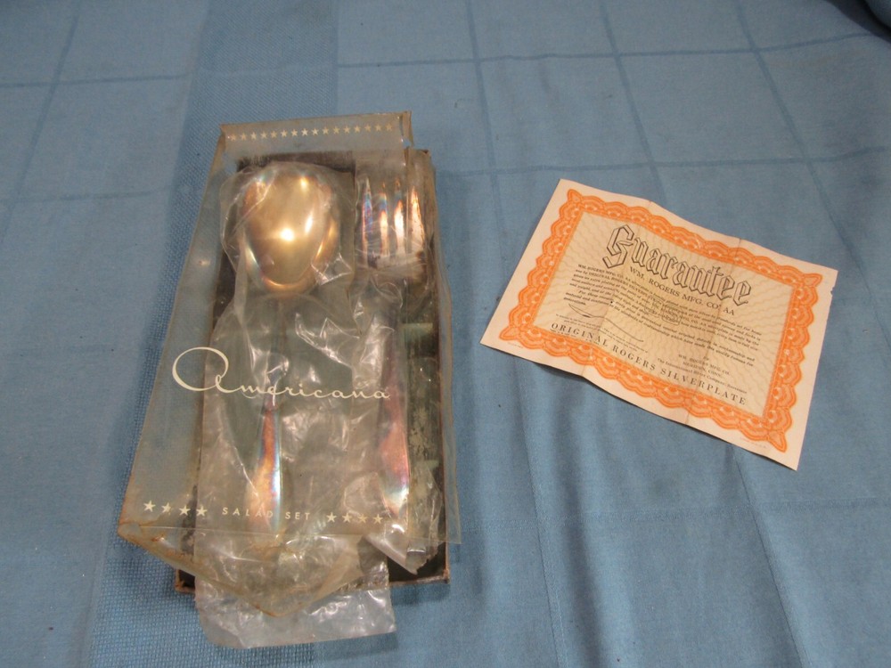 Vtg ROGERS silverplate Serving set Salad Large Spoon Fork Tarnished still in pkg