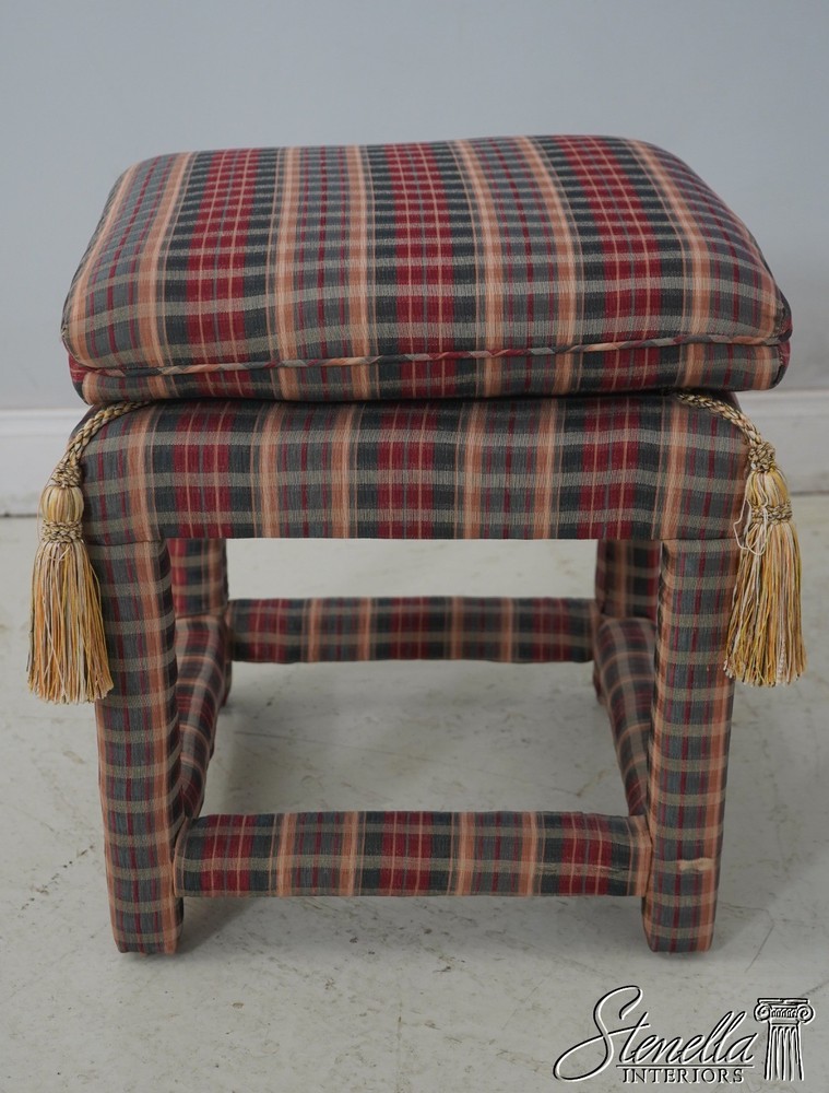 69619: Pair Custom Upholstered Plaid Print Upholstered Square Stools