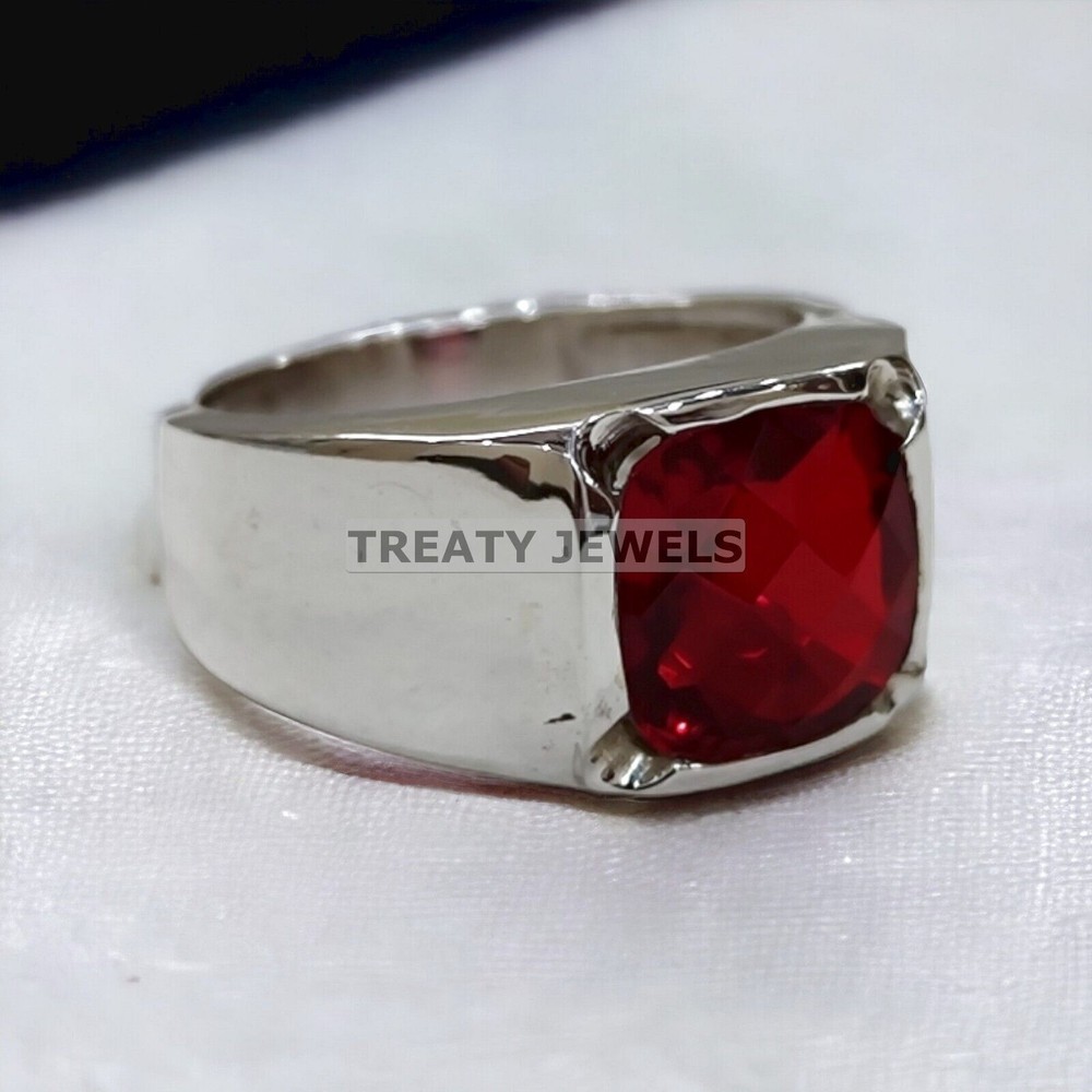 Ruby Cushion Cut Gemstone With 14K Solid White Gold Ring For Men's #A493