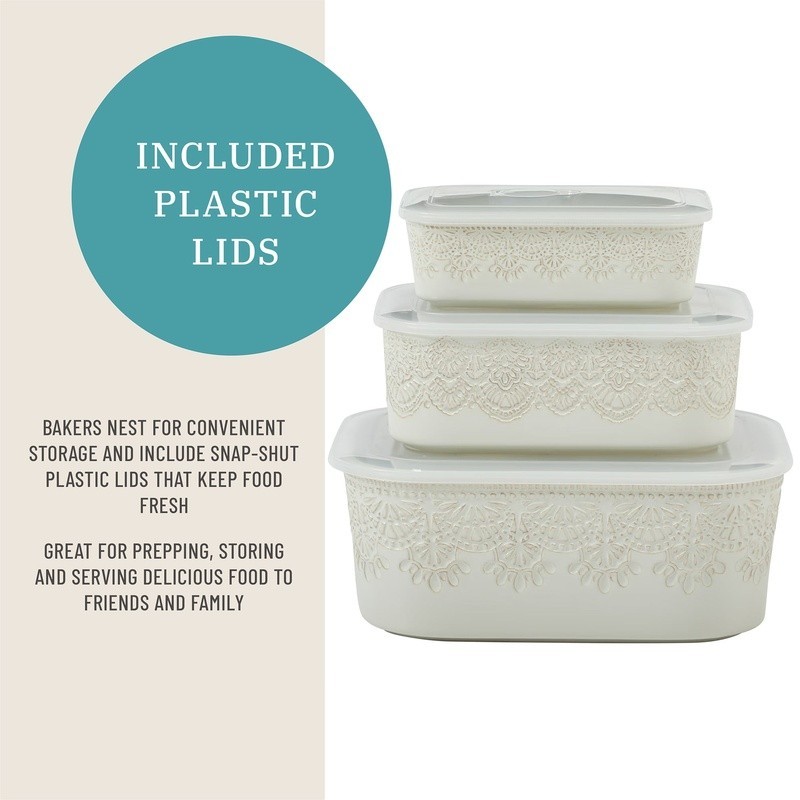 Vintage Lace 6-Piece Rectangular Ceramic Bakeware Set W/ Lids Serving Storage US