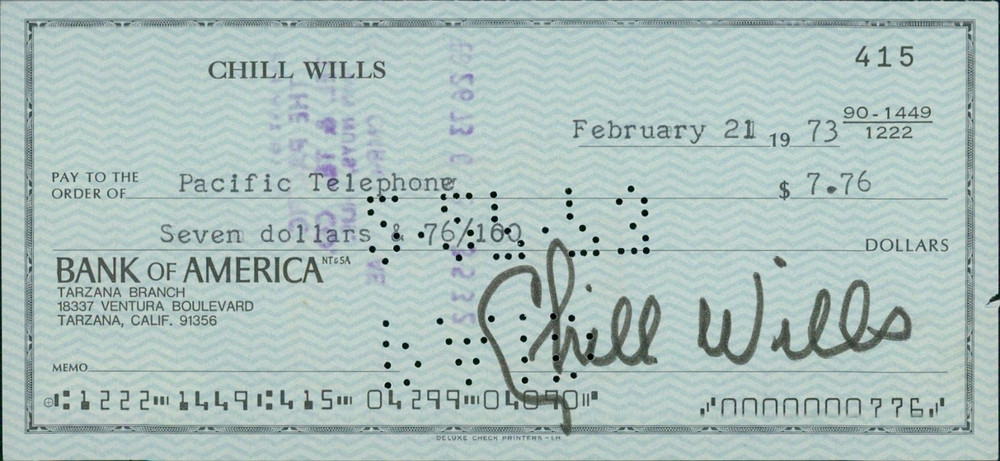 Chill Wills Actor Singer Signed Cancelled Check JSA Authenticated
