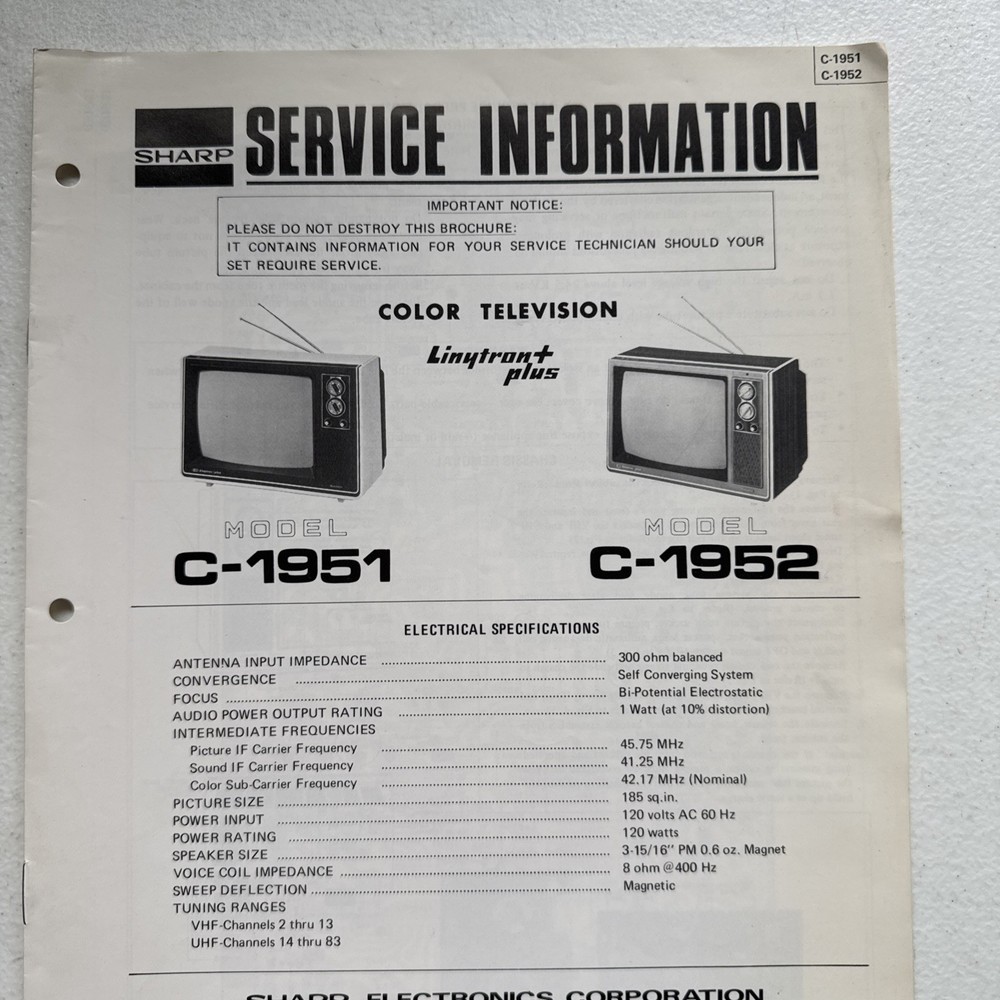 Sharp Electronics Color Television Models C-1951 & C-1952 Service Information