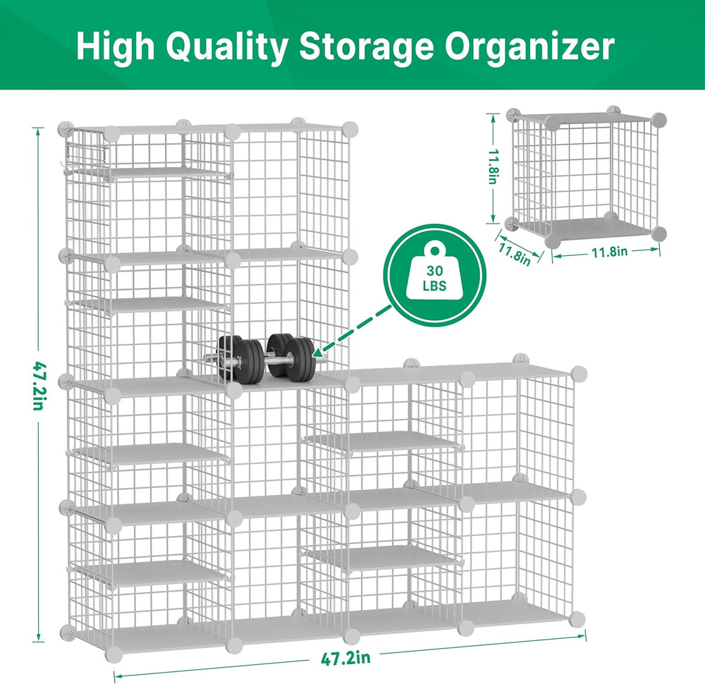 Wire Cube Storage Organizer, 12 Cubes Converted into 14 Cubes, Sturdy Metal Grid