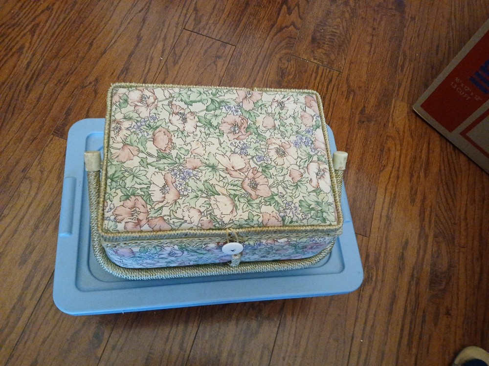 Vintage Fabric Covered Sewing Box with Handle