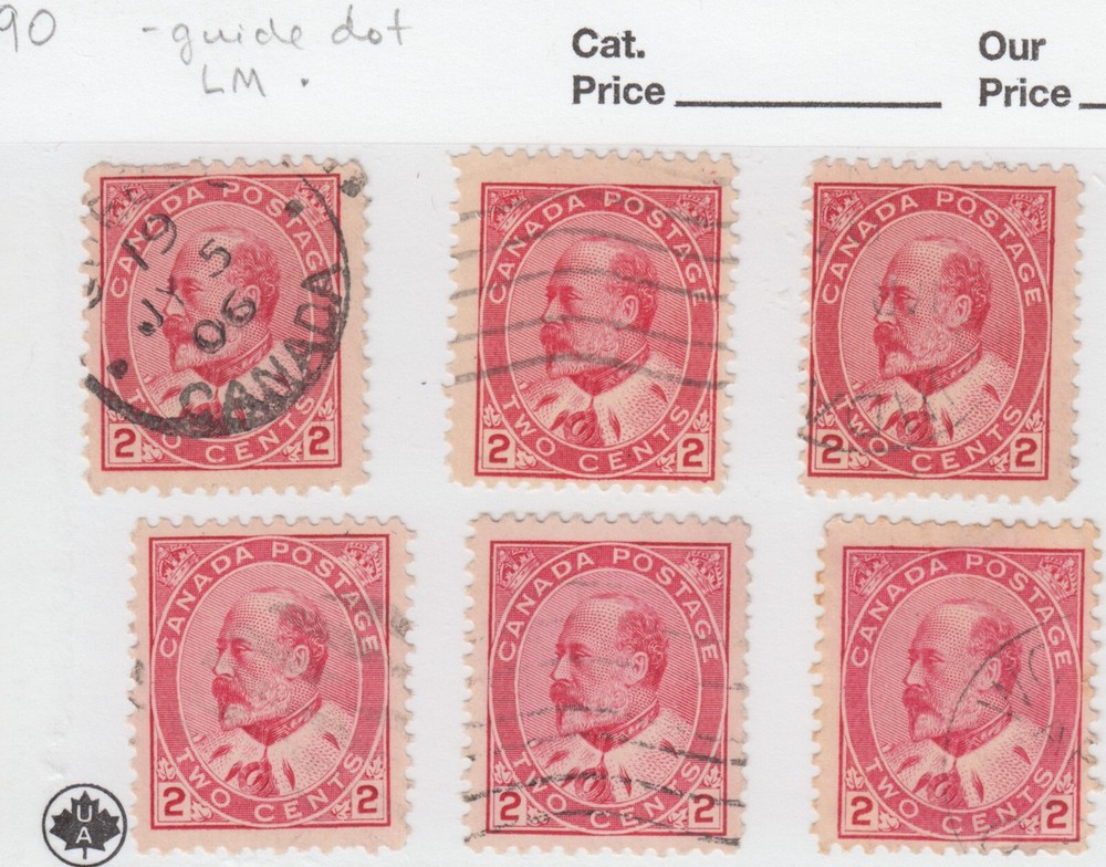 Canada: #90 2c KEVII Study LOT (x9) Guide Dot (left oval) Guideline (right) Used
