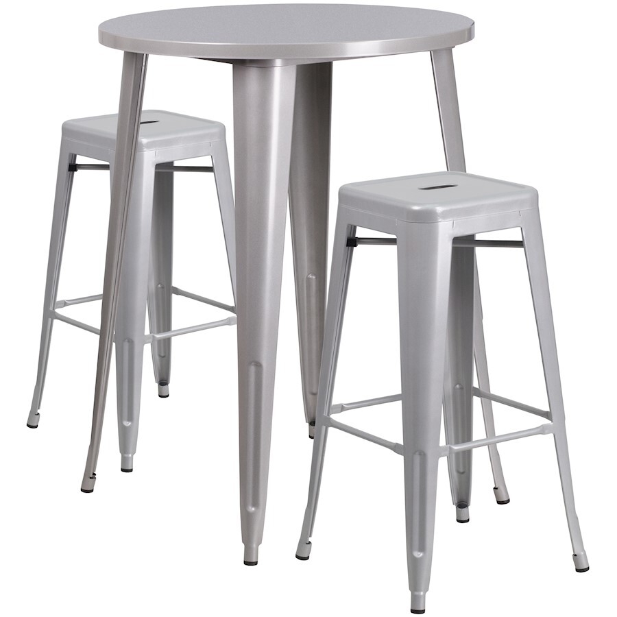 Flash Commercial Grade 30" Round Silver Metal Bar Table Set & 2 Backless Stools
