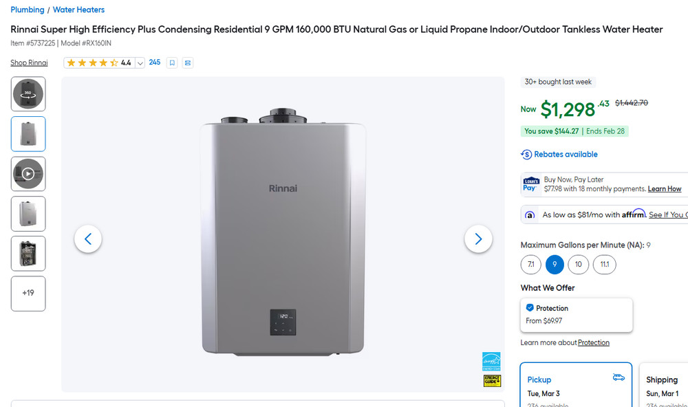 Rinnai Super High Efficiency 9 GPM 160,000 BTU Natural Gas Water Heater