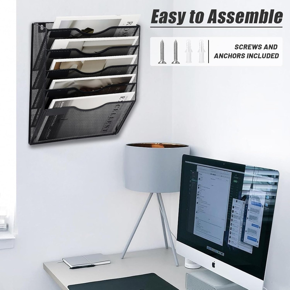 Wall File Organizer 5 Pocket Mesh Hanging Mail Holder Document Folder Rack Black