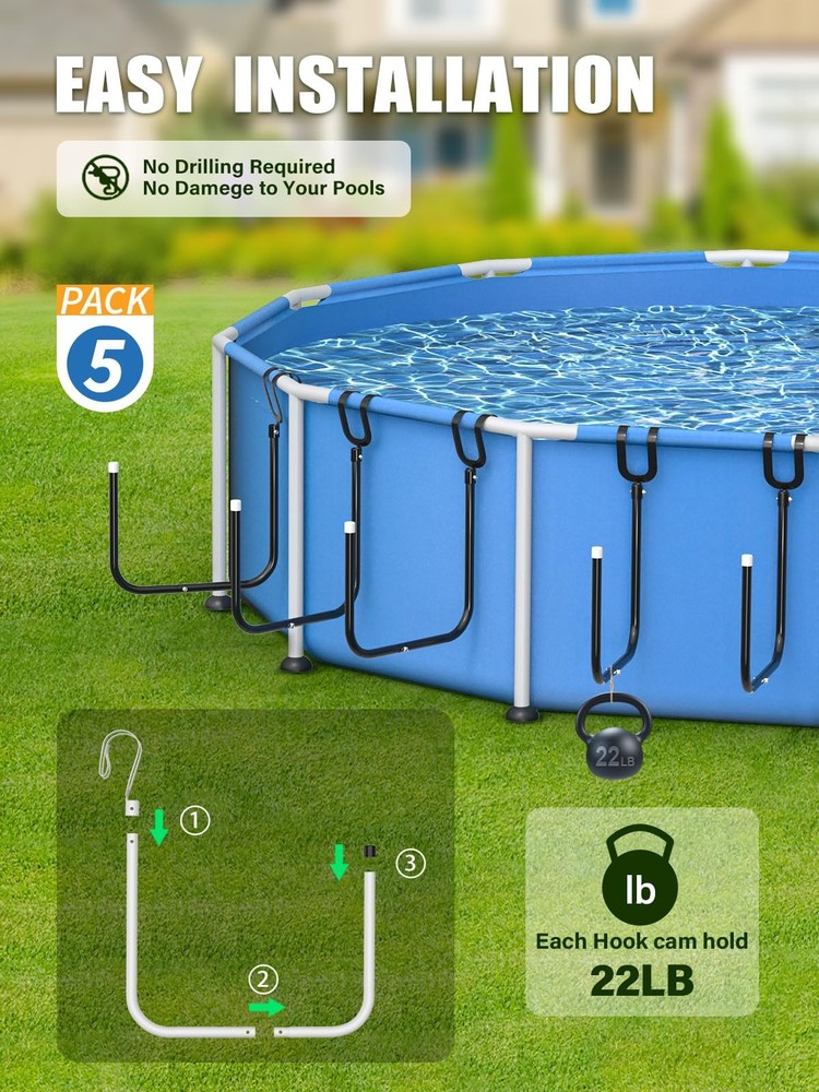 5 Pack Solar Pool Cover Holder, Adjustable Solar Cover Hooks Keep Solar Cover...