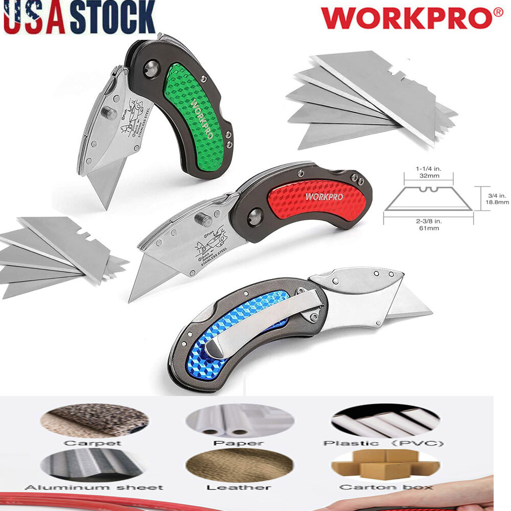 WORKPRO 3PC Folding Utility Knife Set Quick Change/Back-lock w/10PC Extra Blades
