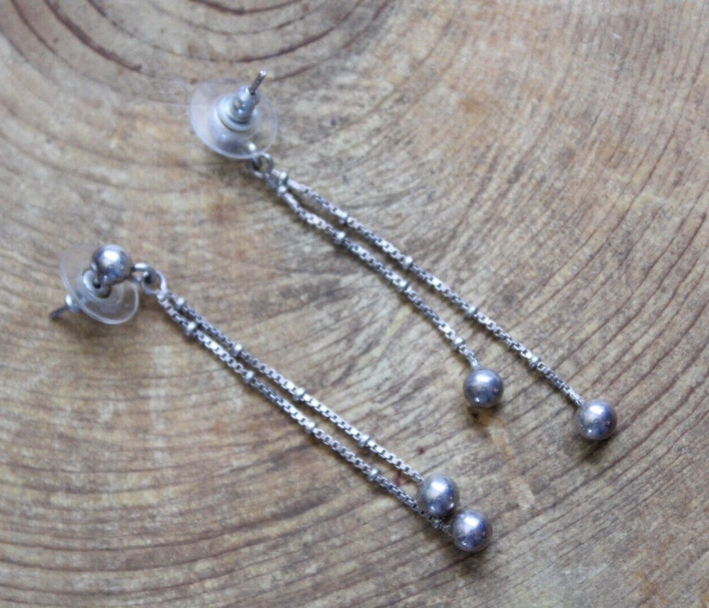 Double Stand Sterling Silver Box Chain & Ball Dangle Earrings