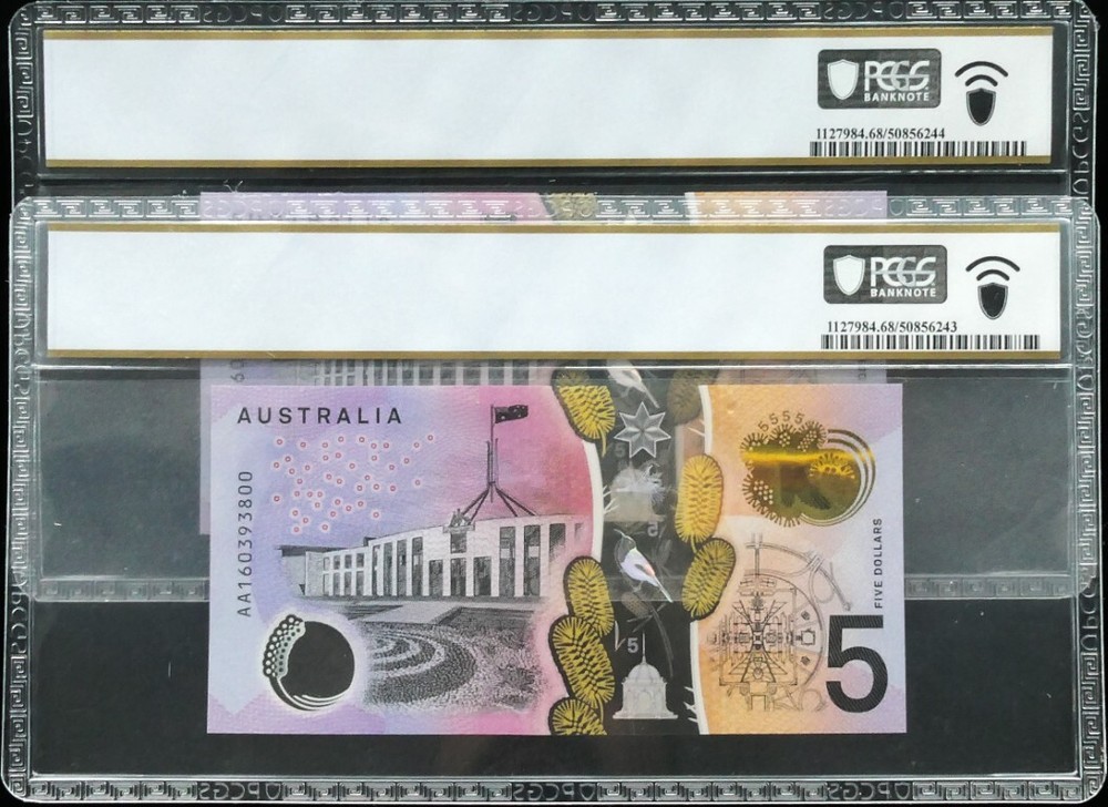 Consecutive Pair 2016 First Prefix AA16 $5 Banknotes PCGS SUP GEM UNC 68 PPQ ...