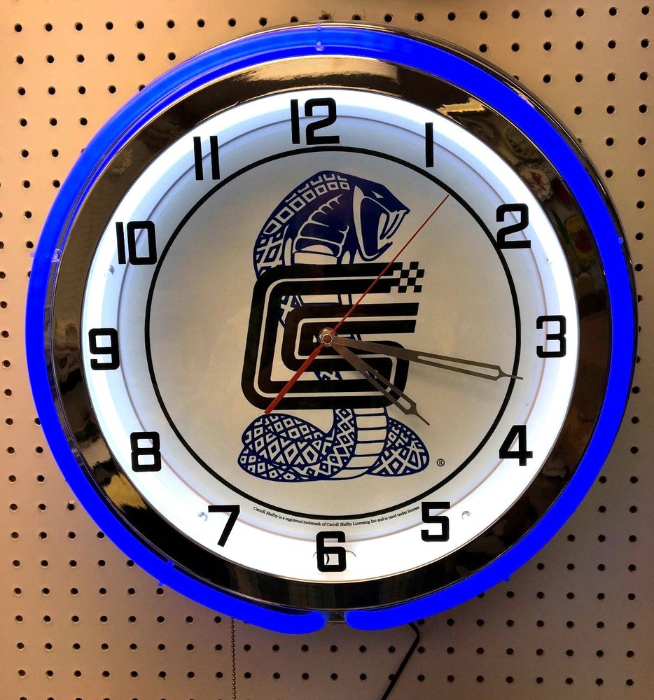 18" Carroll Shelby Double Neon Chrome Clock Cobra Mustang