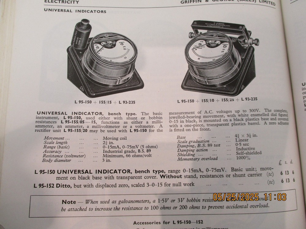 (105#) UNIVERSAL INDICATOR + RUBBER WEDGE, 1950's CATALOGUE FOR SPEC {PHYSICS}