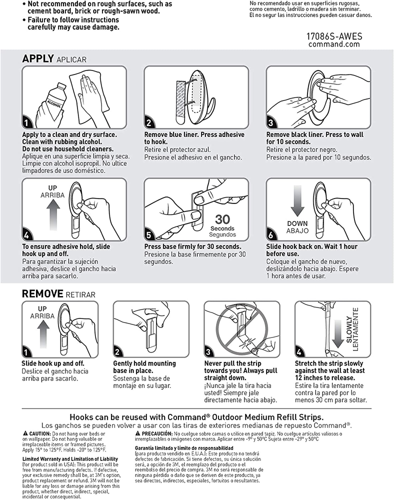 Command Outdoor Medium Terrace Hooks Black 3 lb Capacity Water-Resistant Stri...