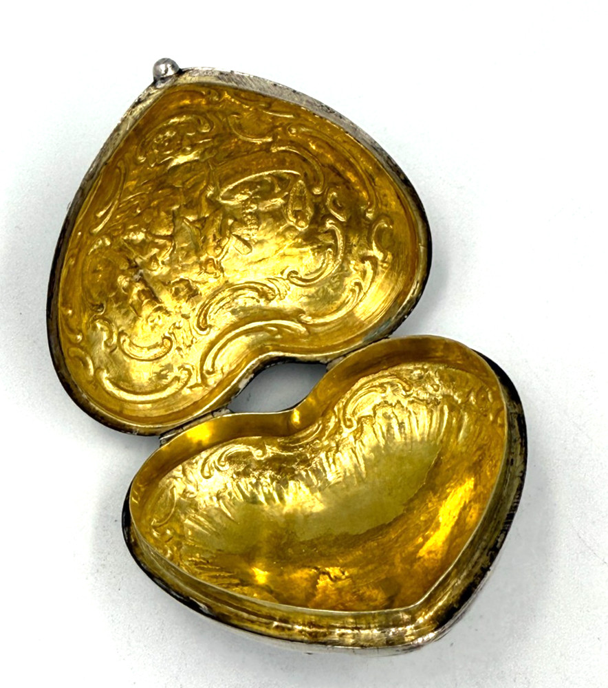 Antique Large Solid Silver Heart Shaped Box Cabochon Set With Gemstones in Lid