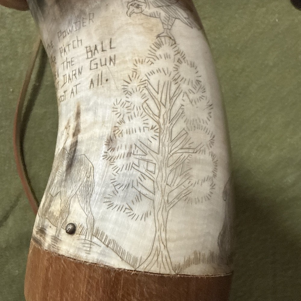 Scrimshaw Muzzleloading Black Powder Powder Horn With Leather Strap