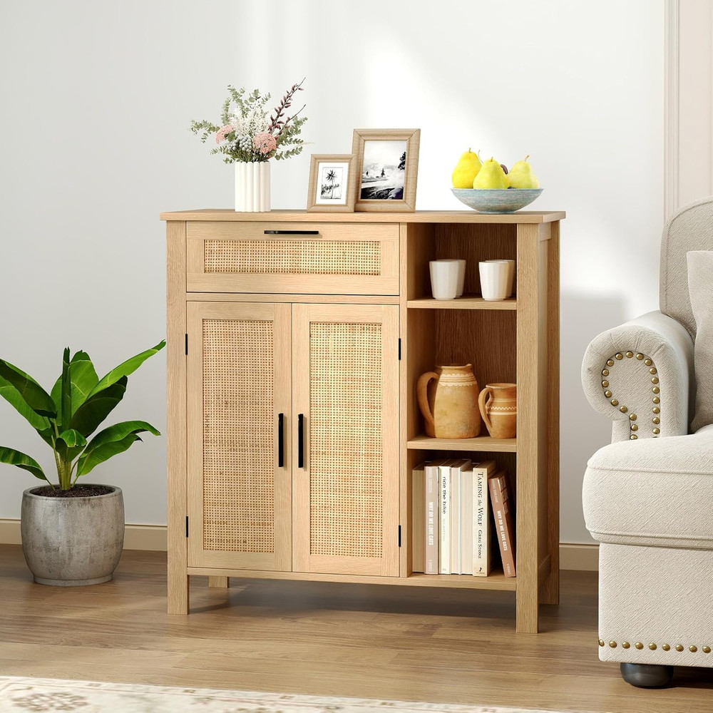 Buffet Cabinet with Storage, Boho Rattan Sideboard with 2 Doors, Drawer, 3 Open