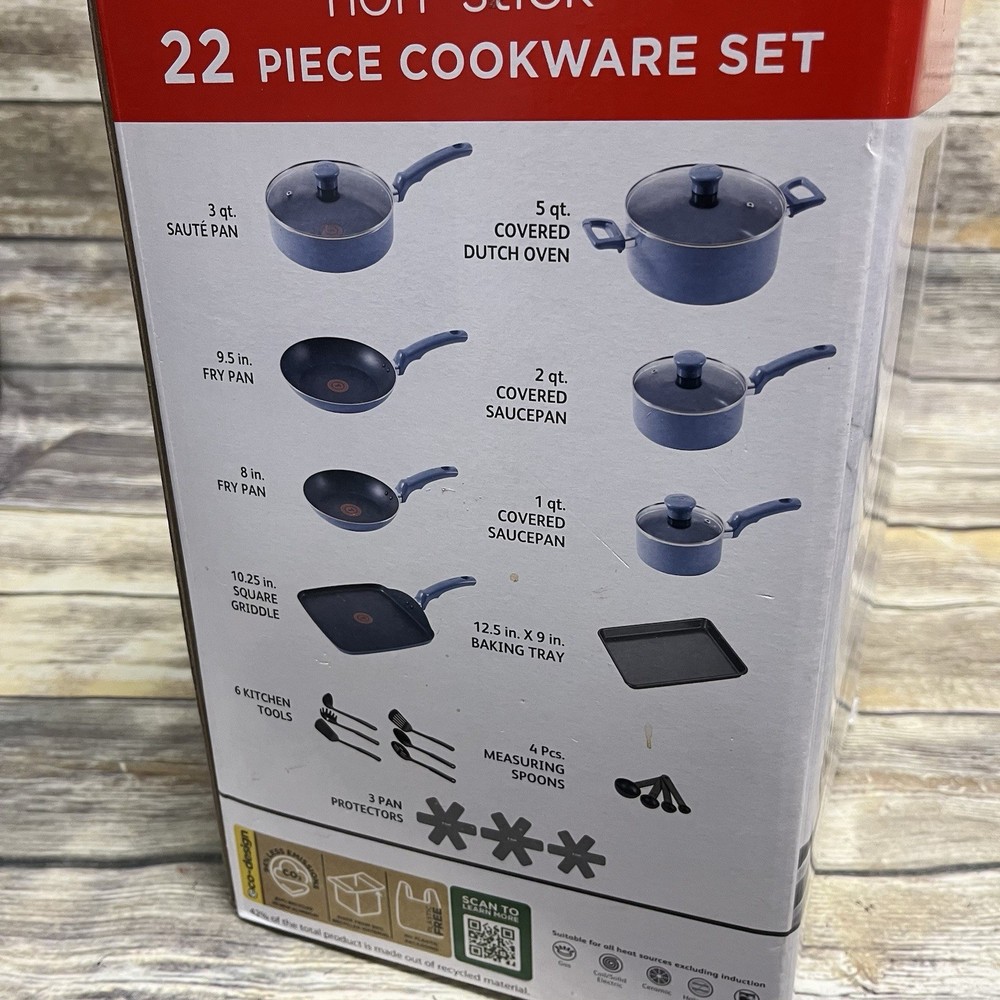 T-fal Kitchen Solutions Ceramic, 22 Piece Cookware Set, Blue *Open Box