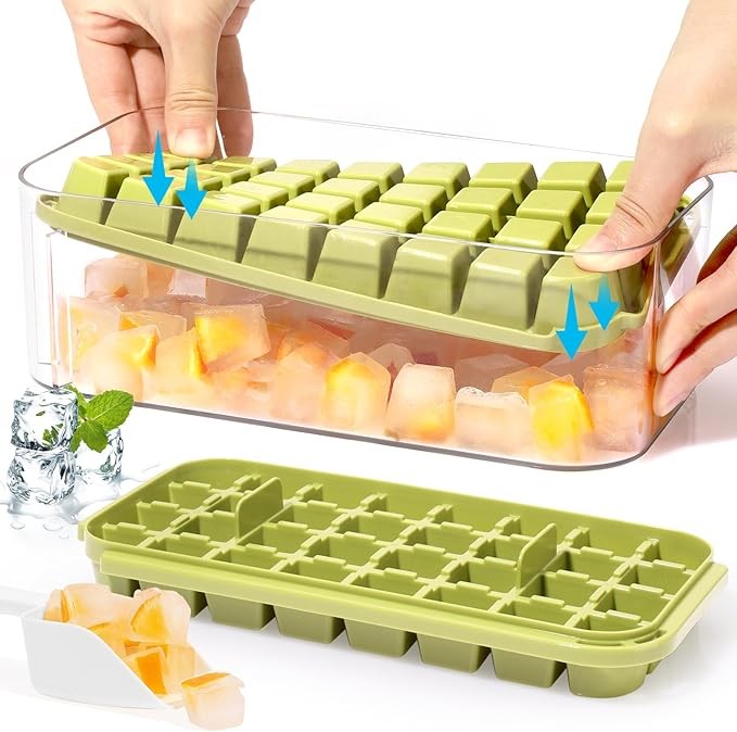 Ice Cube Tray with Lid and Bin for Freezer, 2 Pack, 64 Pcs Ice Cube Mold