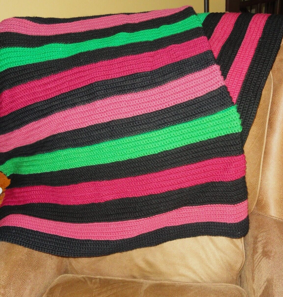 Crochet Knitted Afghan Blanket Throw ~ Multicolor Striped
