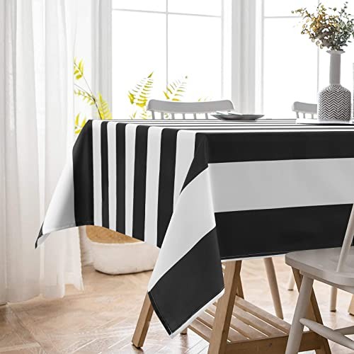 and White Striped Tablecloth for Rectangle 84" x 60" (Rectangular) Black