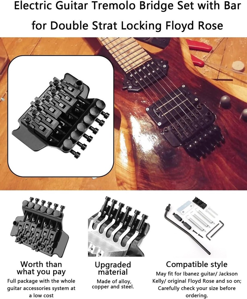 Black Double Locking Tremolo Bridge for Electric Guitars - Easy Install