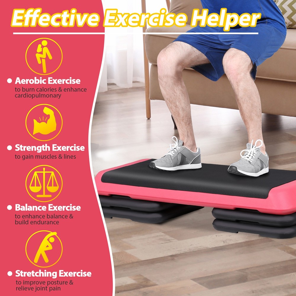 43'' Aerobic Step Platform Exercise Adjustable Workout Stepper with 4 Riser Pink