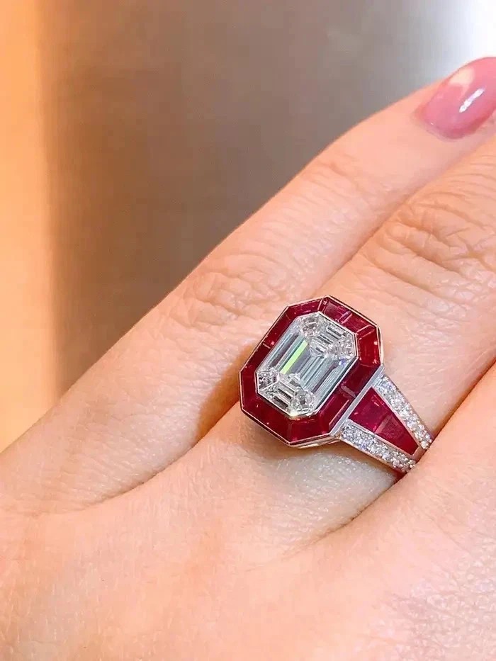 Art Deco Style Lab Created Diamond & Ruby 14K White Gold Finish Engagement Ring