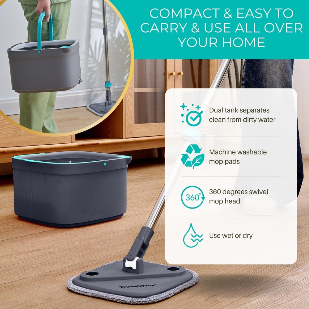 True Clean Spin Mop & Bucket System – Dual Compartment Design for Clean & Dir...