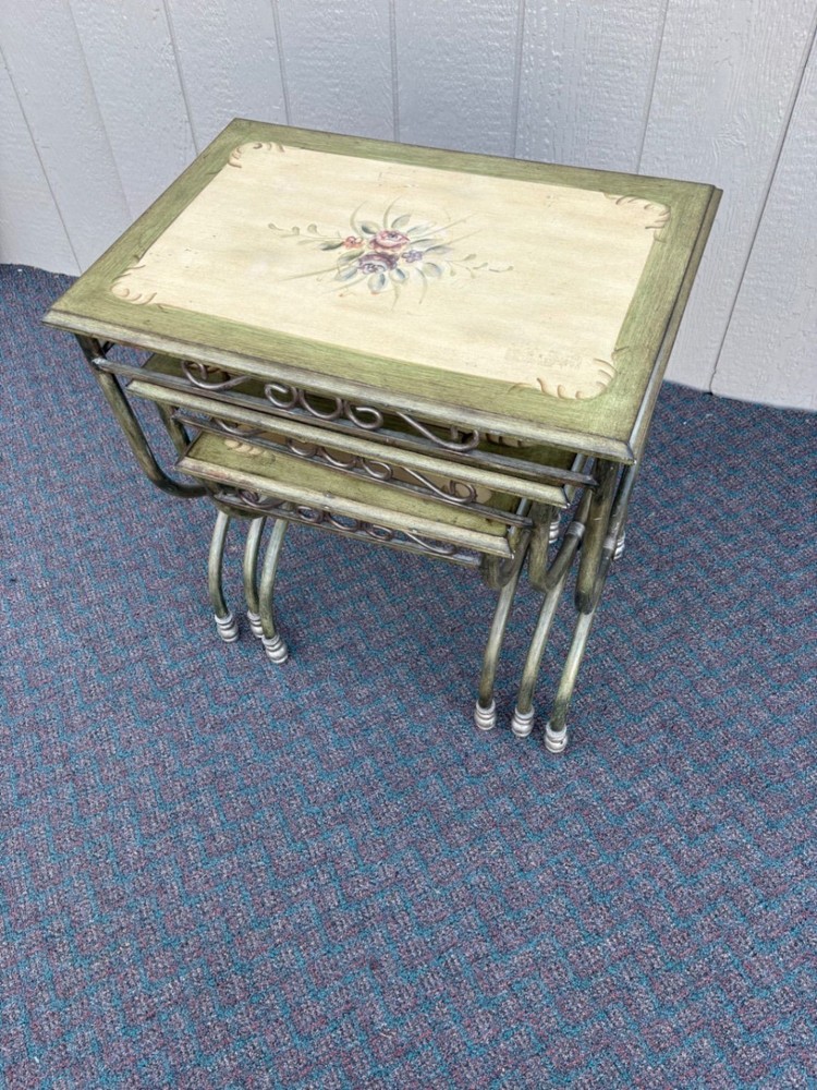 67614 Vintage Hand-Painted Stacking Nesting Tables with Metal Frames