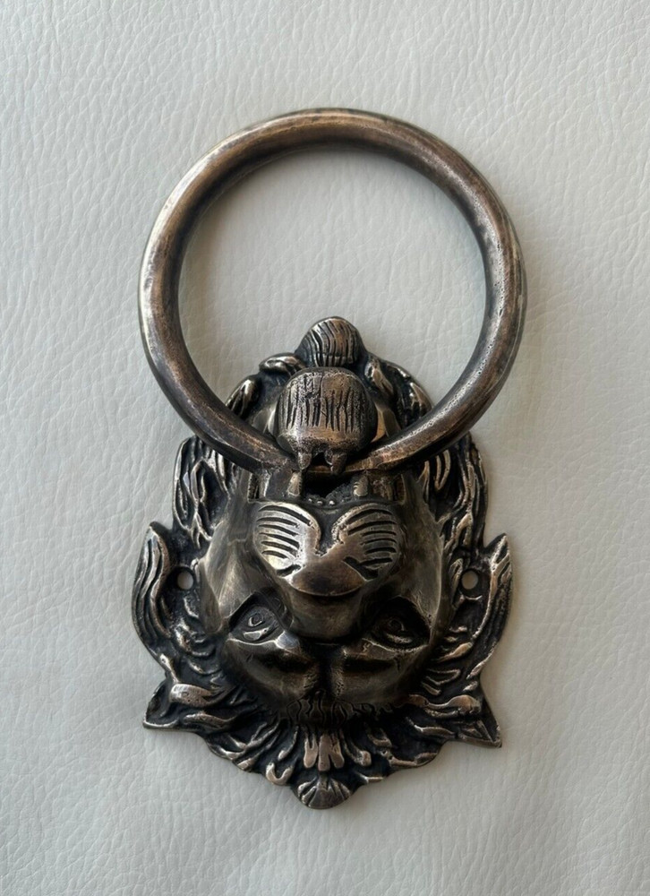 Vintage Brass Lion Head Face Door Drawer Cabinet Knocker Ring Pull Handle