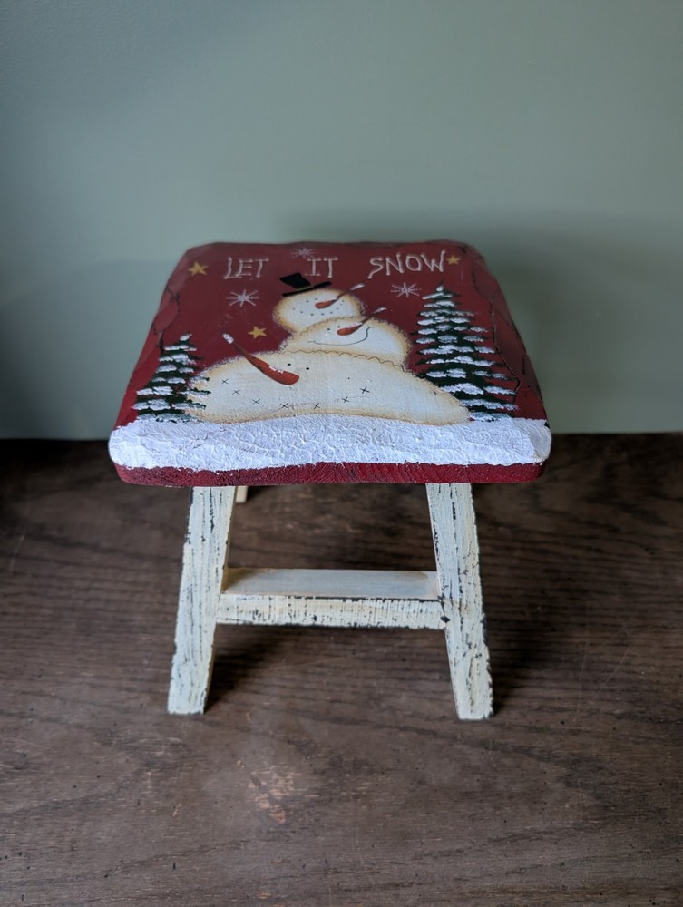 Snowman Christmas 'Let It Snow' Stool Hand Painted Primative Rustic Distressed