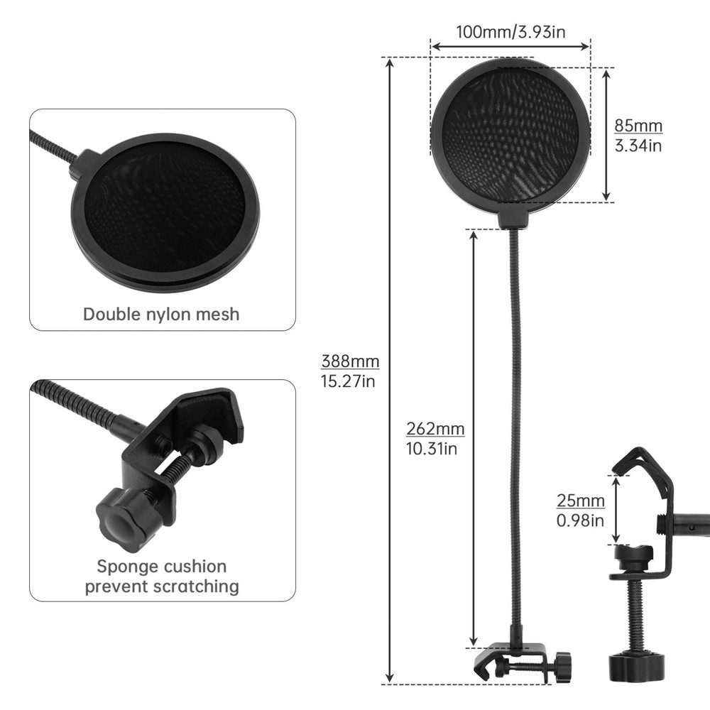 Professional Microphone Pop Filter Shield Dual Layered Wind Pop Screen with Clip