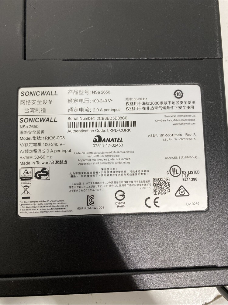 SonicWALL NSA 2650 Network Security/Firewall Appliance - Unknown License