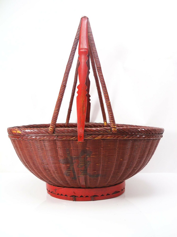 Vintage Large Chinese Red Basket Signed 1950