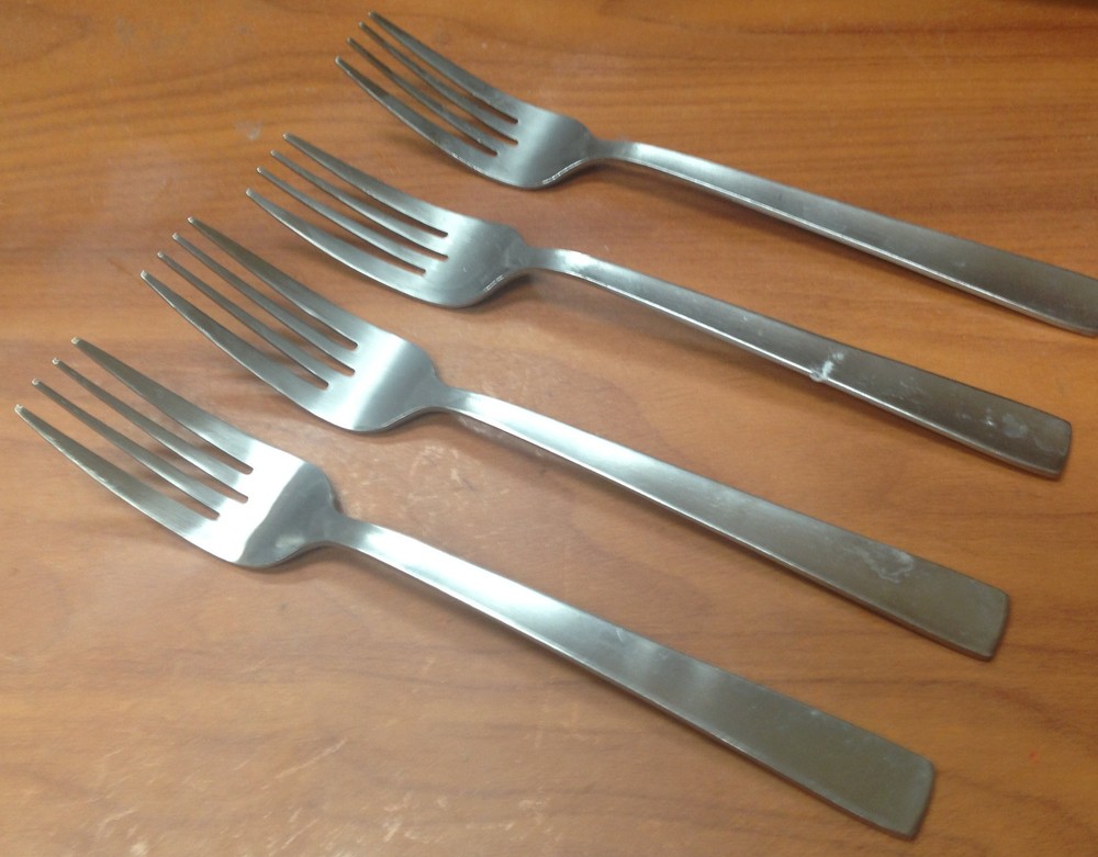 Stainless Room Essential Home 4 Dinner Forks Sleek Plain Flat Tip WEAR Pattern ?