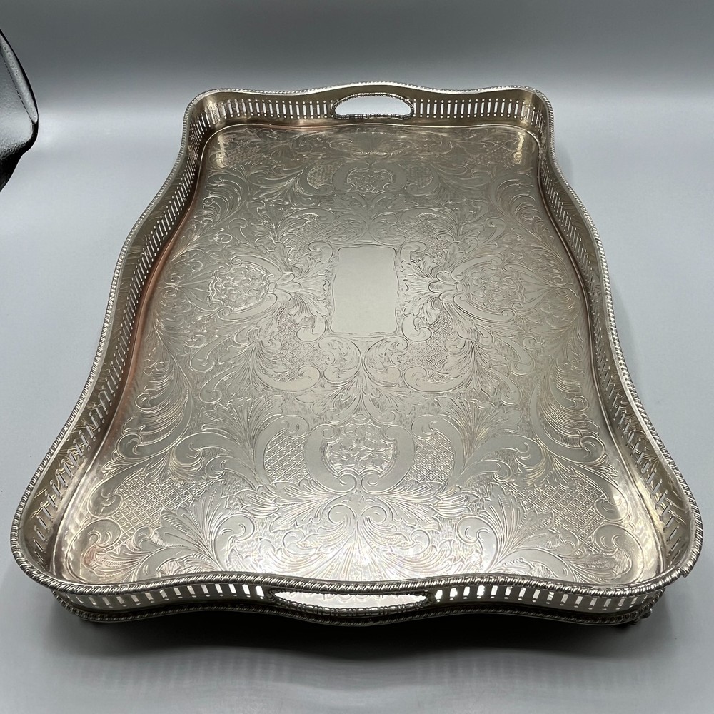 Vintage Silver Plate Footed Gallery Serving Tray Rectangular Serpentine Cocktail