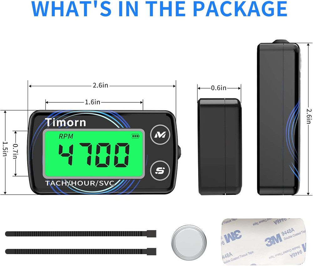 Small Engine Tachometer Hour Meter: Digital Inductive Waterproof Tiny Tach Mete